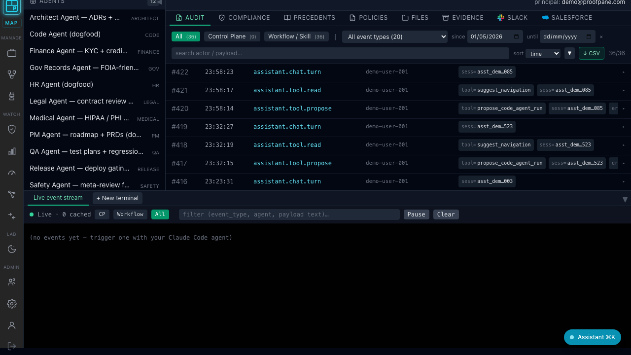 Audit timeline showing hash-chained events — every AI decision logged with cryptographic linkage between rows.