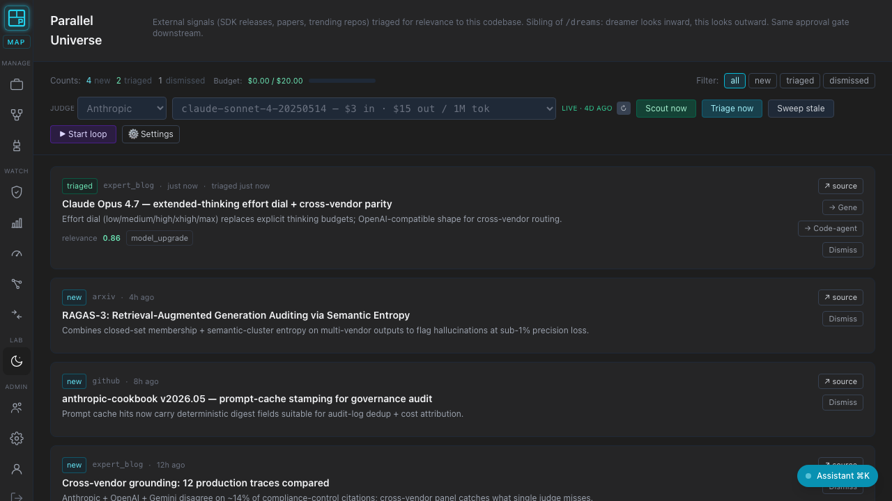 Parallel Universe: external-RSS scout that pulls expert AI-research feeds and auto-promotes high-relevance items into sandbox Repo Coder sessions.