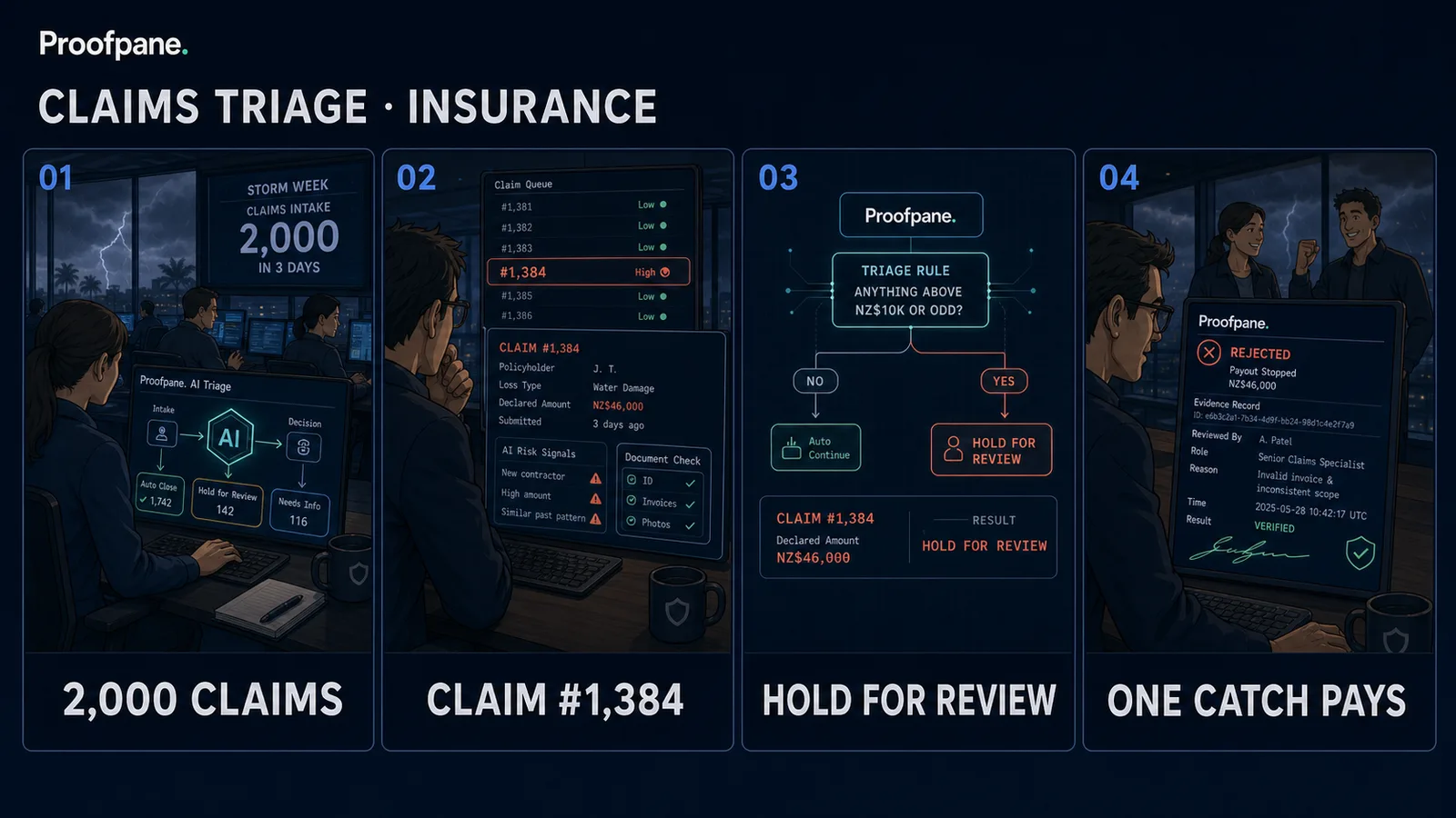 Four-panel comic: during storm week, AI triage keeps up with two thousand claims; claim 1,384 hides a $46k payout dressed as routine; Proofpane's over-$10k rule stops it for human review; the catch is recorded